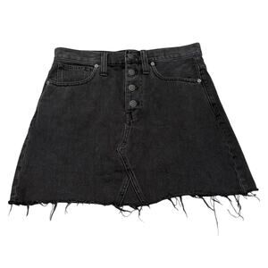 Madewell Black Rigid Denim A-Line Button Mini Skirt Raw Hem Pockets Festival 27